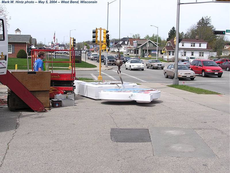 Amoco sign removal at West Bend, WI