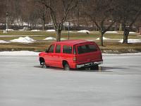 Suburban sinking into the ice in Janesville, WI